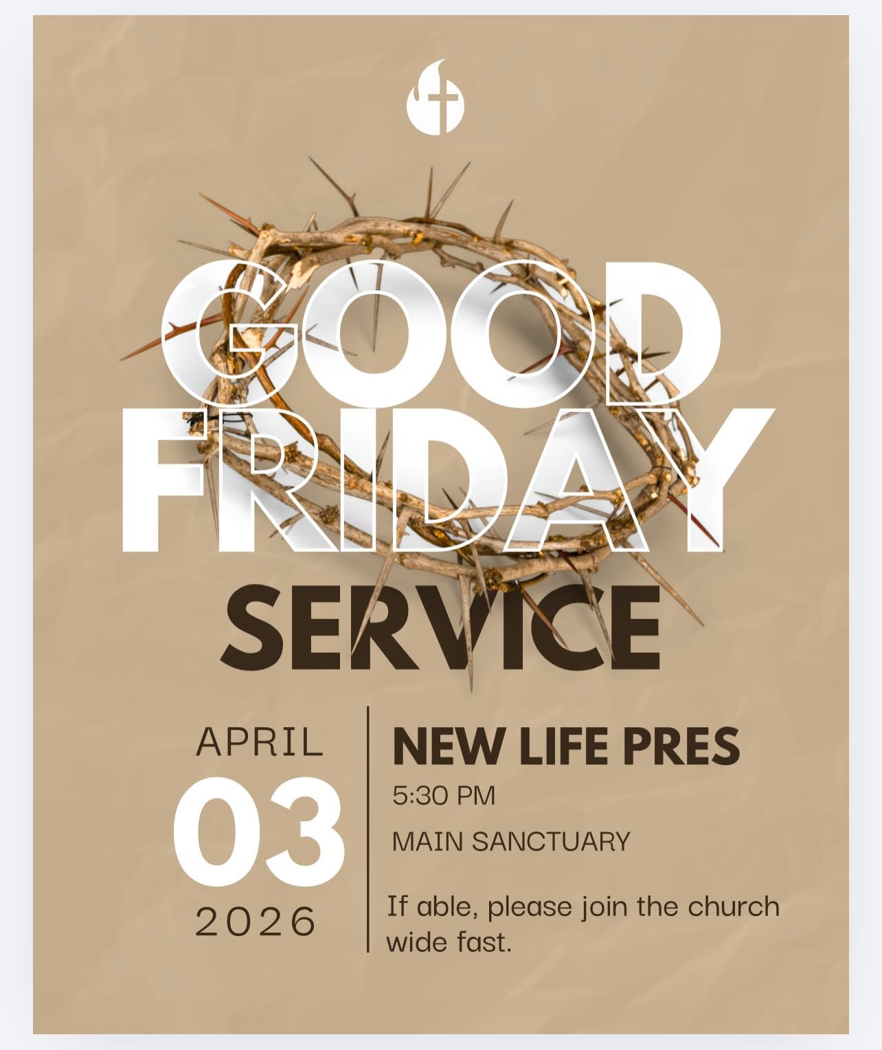hey you! please join us for&hellip; 

Good Friday Service @5:30 PM in the main sanctuary. If you are able, join us in the church wide fast and we will partake in the Lord&rsquo;s Supper together as one body. 

Easter Sunday will be at 10AM or 12PM. C