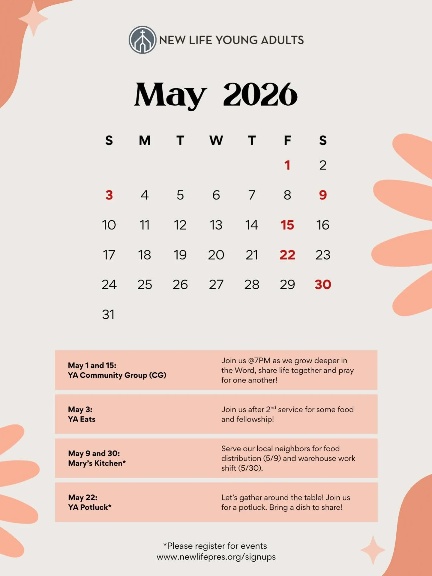May is looking GOOD ✨ A whole month filled with fun, faith and fellowship. Grab your friends and save the dates! You don&rsquo;t want to miss out 😁