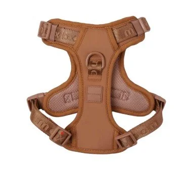 A tan pet harness with adjustable straps and buckles.