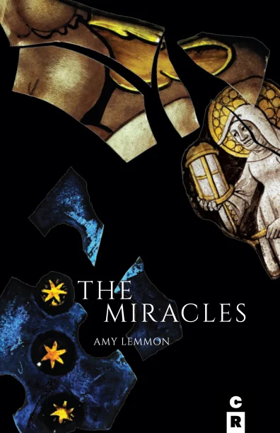 Cover of The Miracles by Amy Lemmon. Dark background with design showing fragments from stained glass windows.