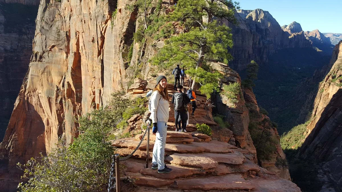Amy about to head up to the top of Angels Landing. Note the chains.