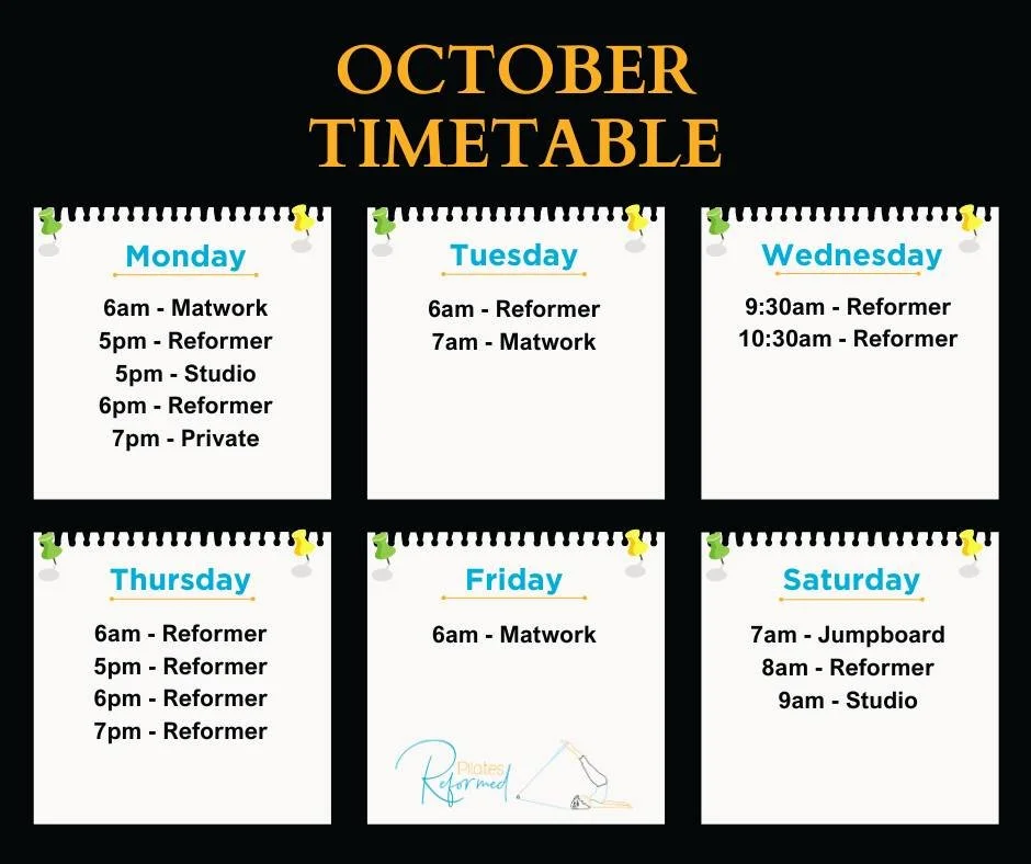 Your October Pilates timetable is here. 
Small classes, designed with you in mind. Simple weekly membership options and convenient ways to book through our app or on the website.
From Monday October 13 Studio will move to 5pm, with Jumpboard classes 
