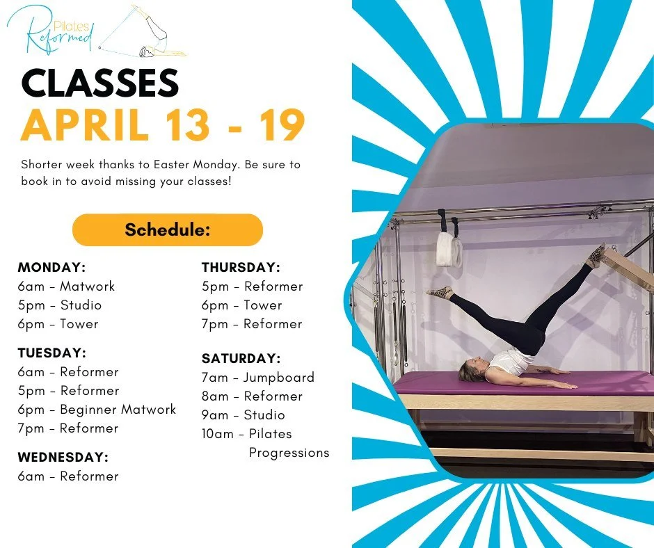 Class schedule for the coming week - A couple of changes to Wednesday evening, Thursday and Friday morning.
Saturday sees the April instalment of Pilates Progressions - Snake and Twist :)
Book your spots for the week. See you in the studio.