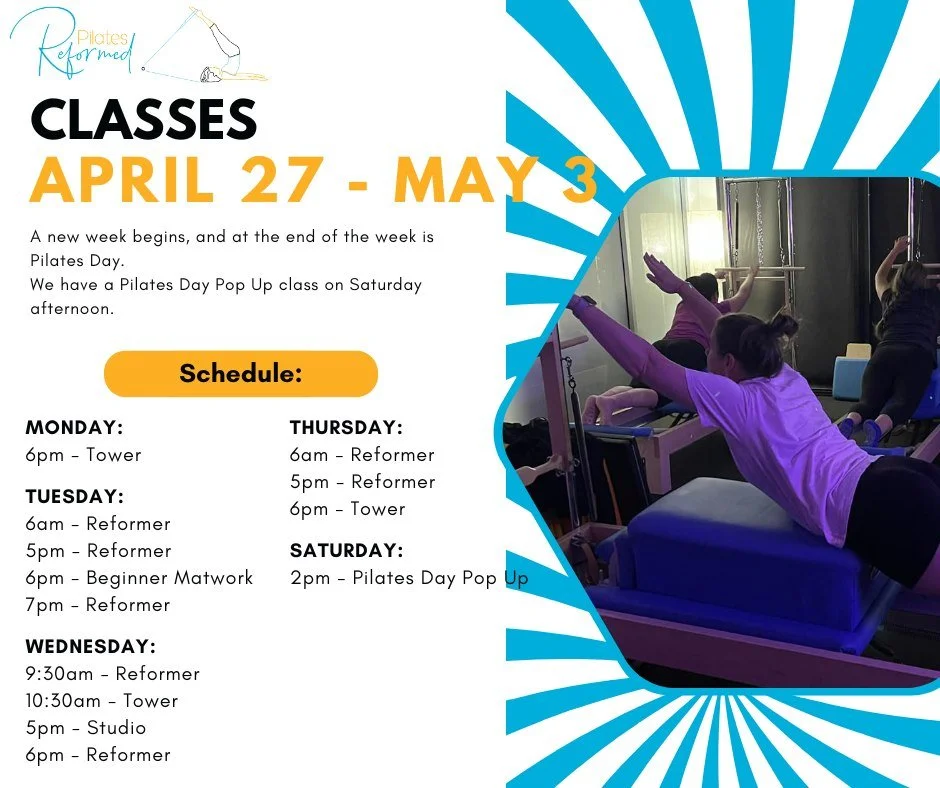 New week incoming. 
A shorter Monday with the public holiday - but Tower is on! 
Friday morning there are no classes - and you can blame Cameron for that as I have to take him interstate.
Saturday is International Pilates Day, where we celebrate the 