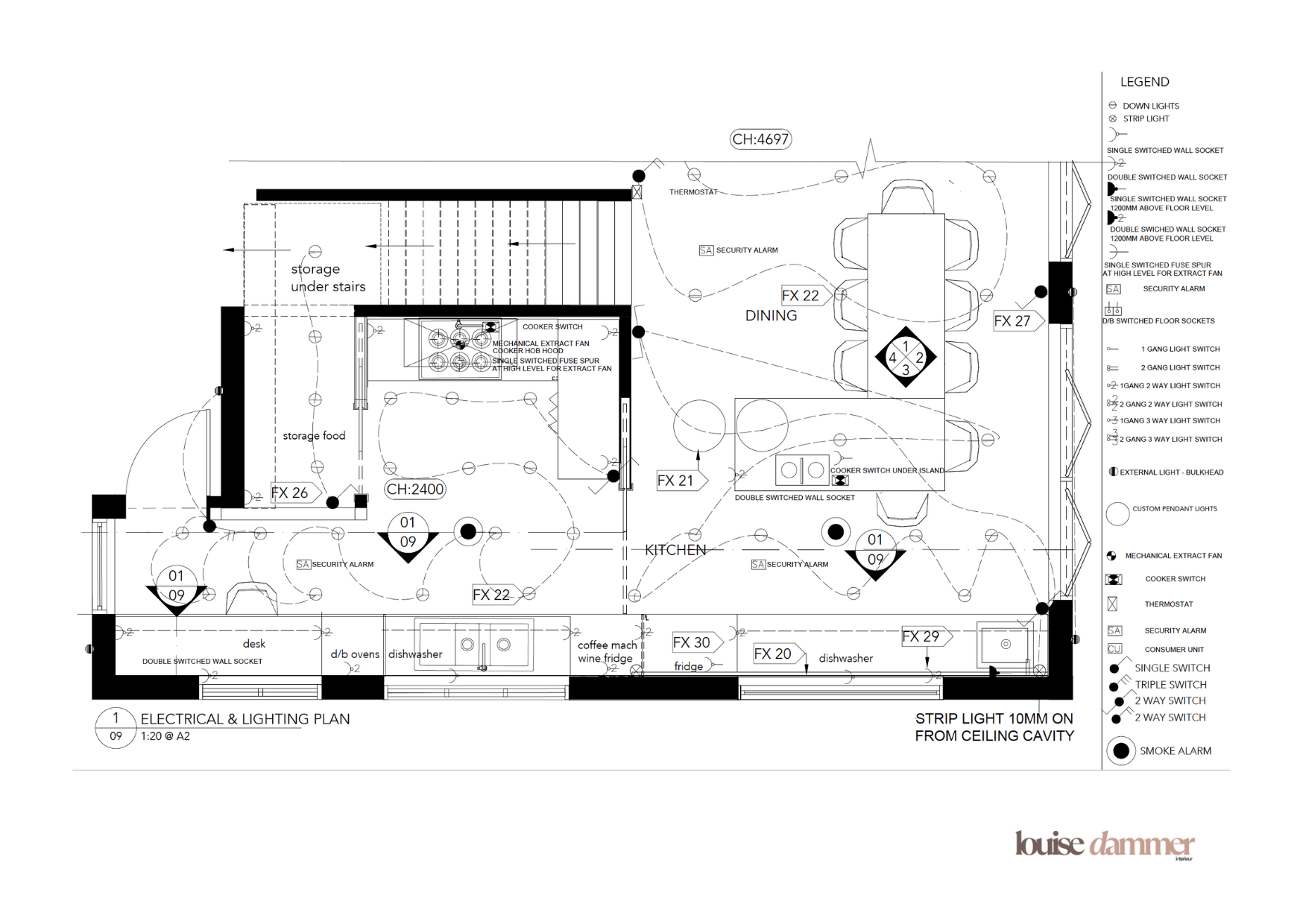 Electrical and lighting plan for a kitchen and dining area, showing lighting fixtures, switches, outlets, and alarm sensors with labels and symbols.