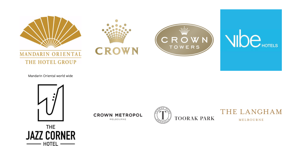 Collection of hotel logos including Mandarin Oriental, Crown, Crown Towers, Vibe Hotels, The Jazz Corner Hotel, Crown Metropol, Toorak Park, and The Langham Melbourne.
