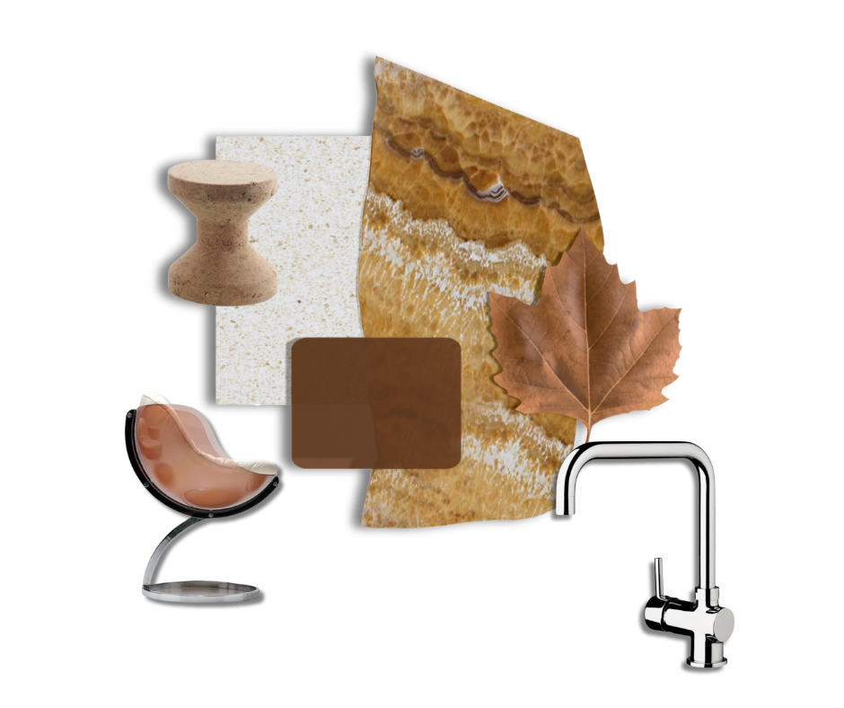 Collage of natural and modern objects including a maple leaf, a brown stoneware, a textured white sheet, a yellowish stone slab, a brown square, a modern fixture, a lava lamp, a large leaf, and a metallic faucet.