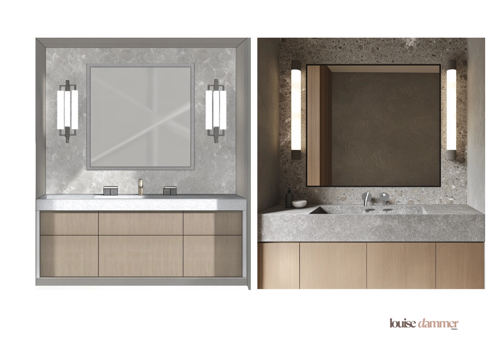 Comparison of two modern bathroom vanities with large rectangular mirrors, sleek sinks, and contemporary lighting fixtures; left vanity has a silver countertop and beige drawers, right vanity has a textured grey countertop with a darker mirror frame