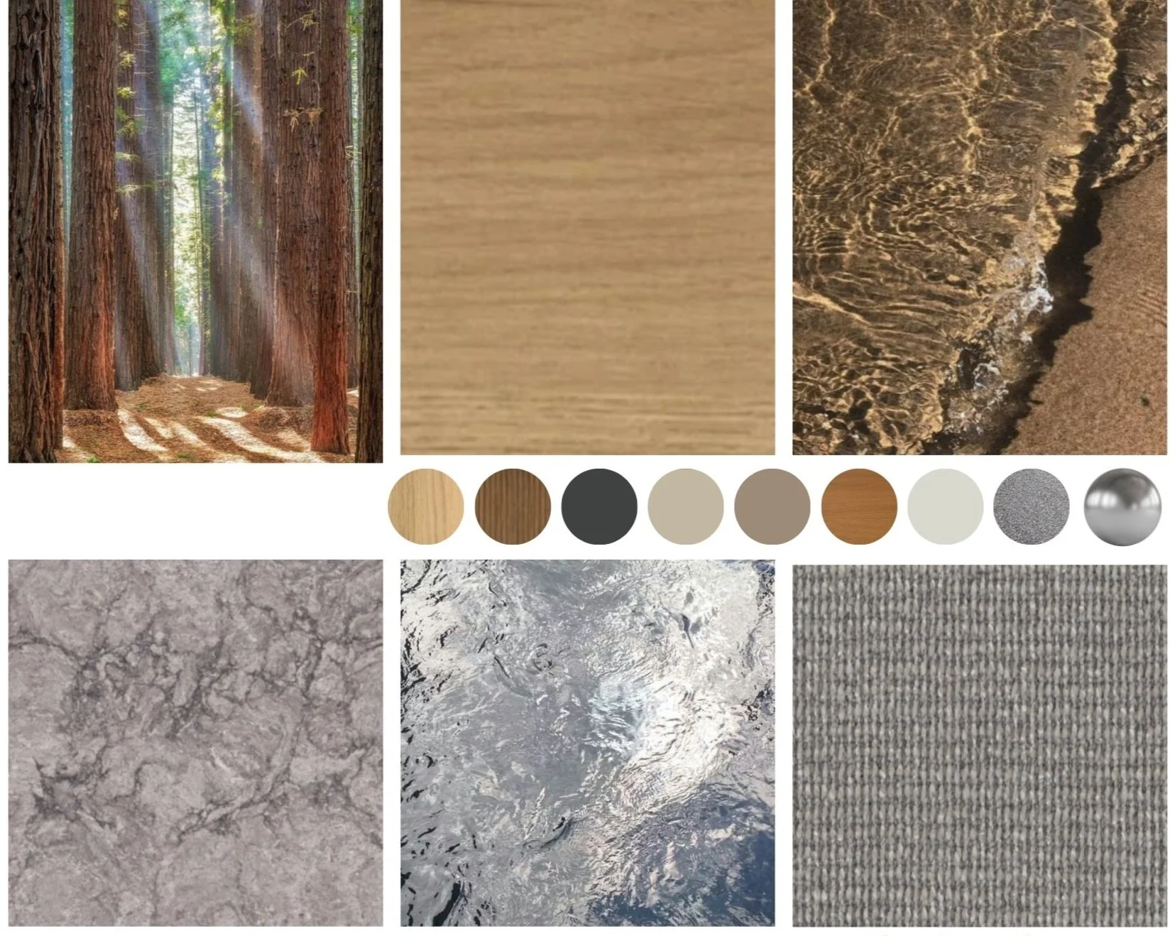 Image collage showing nature textures and scenes including redwood trees, sand and water, and various surface textures with a color palette of earthy tones and shades of gray and metallic.
