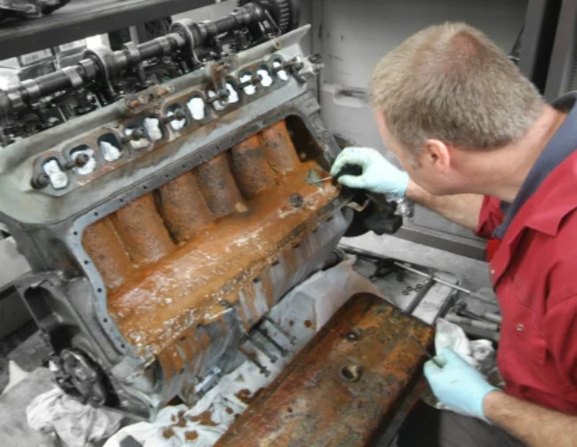 A Mercedes 300SL Gullwing 3.0 litre straight six engine being careful dismantled for the first time in over 50 years and awaiting the specialist restoration and rebuild skills of the Moto Technique engineering department.