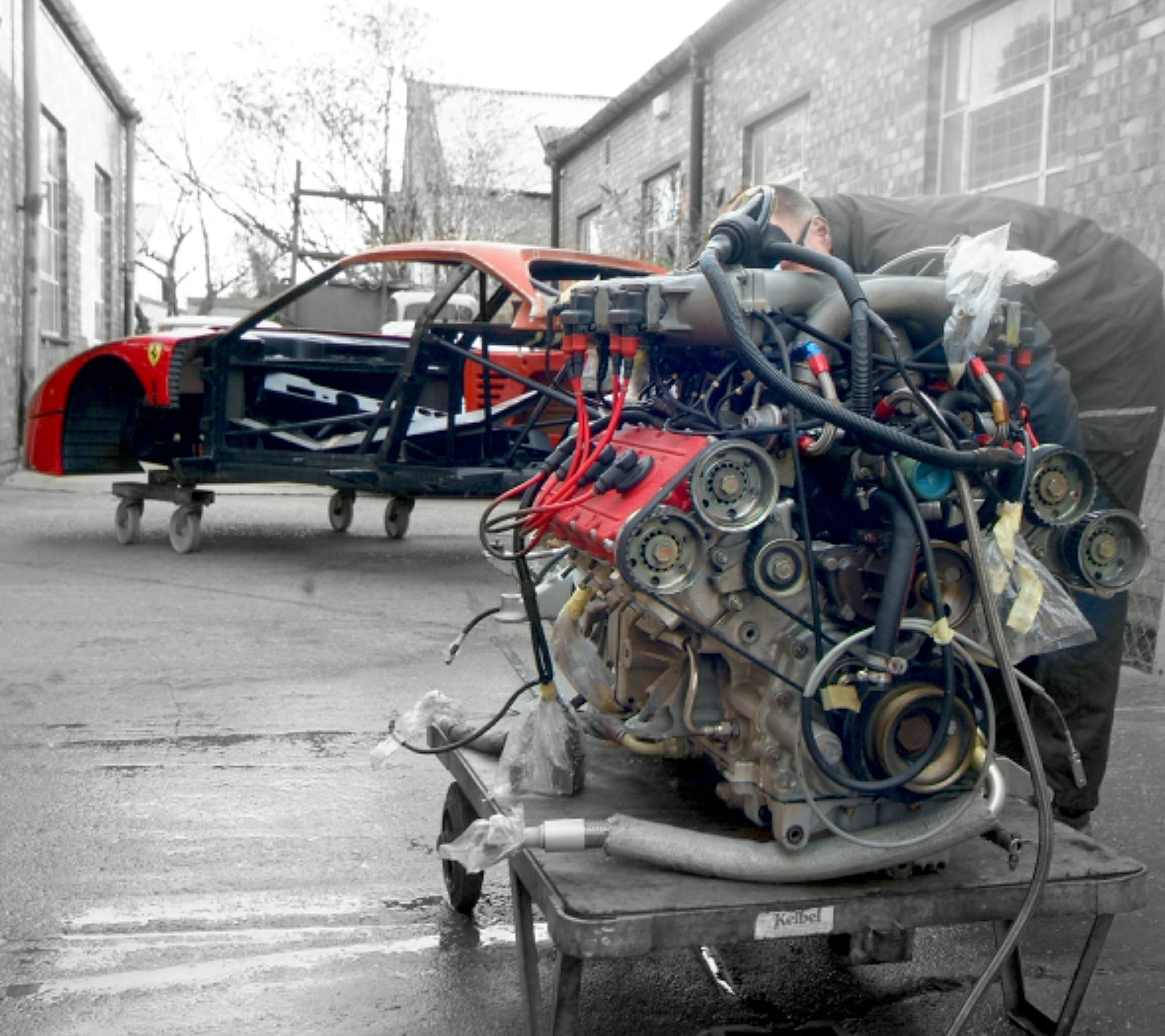 A Ferrari 2.9 litre V8 engine with twin turbo’s after being removed from a Ferrari F40LM GTE which raced in the BPR Global GT series in the mid 1990’s.