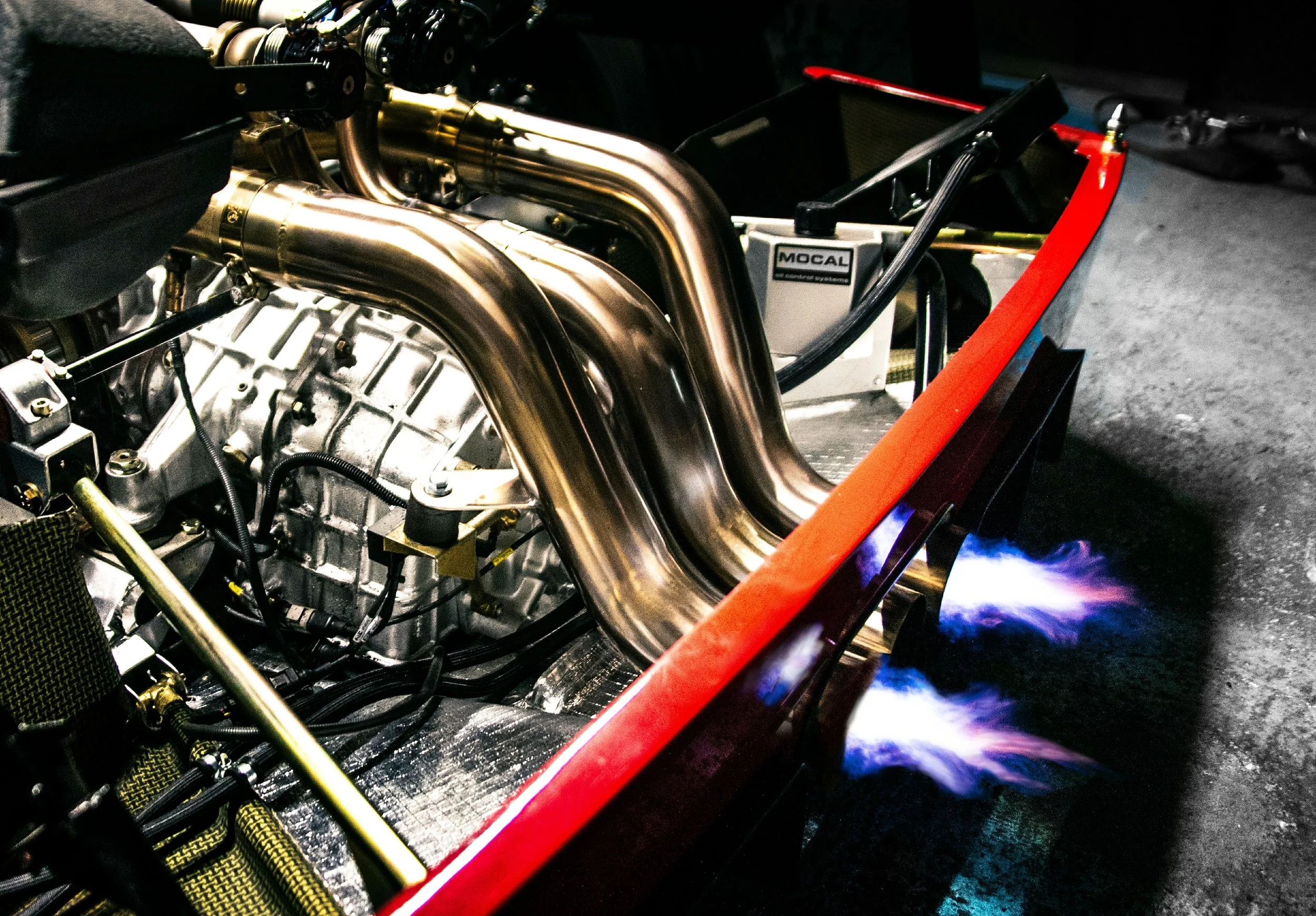 Fire breathing exhausts of the 720bhp Ferrari Twin Turbo Engine.