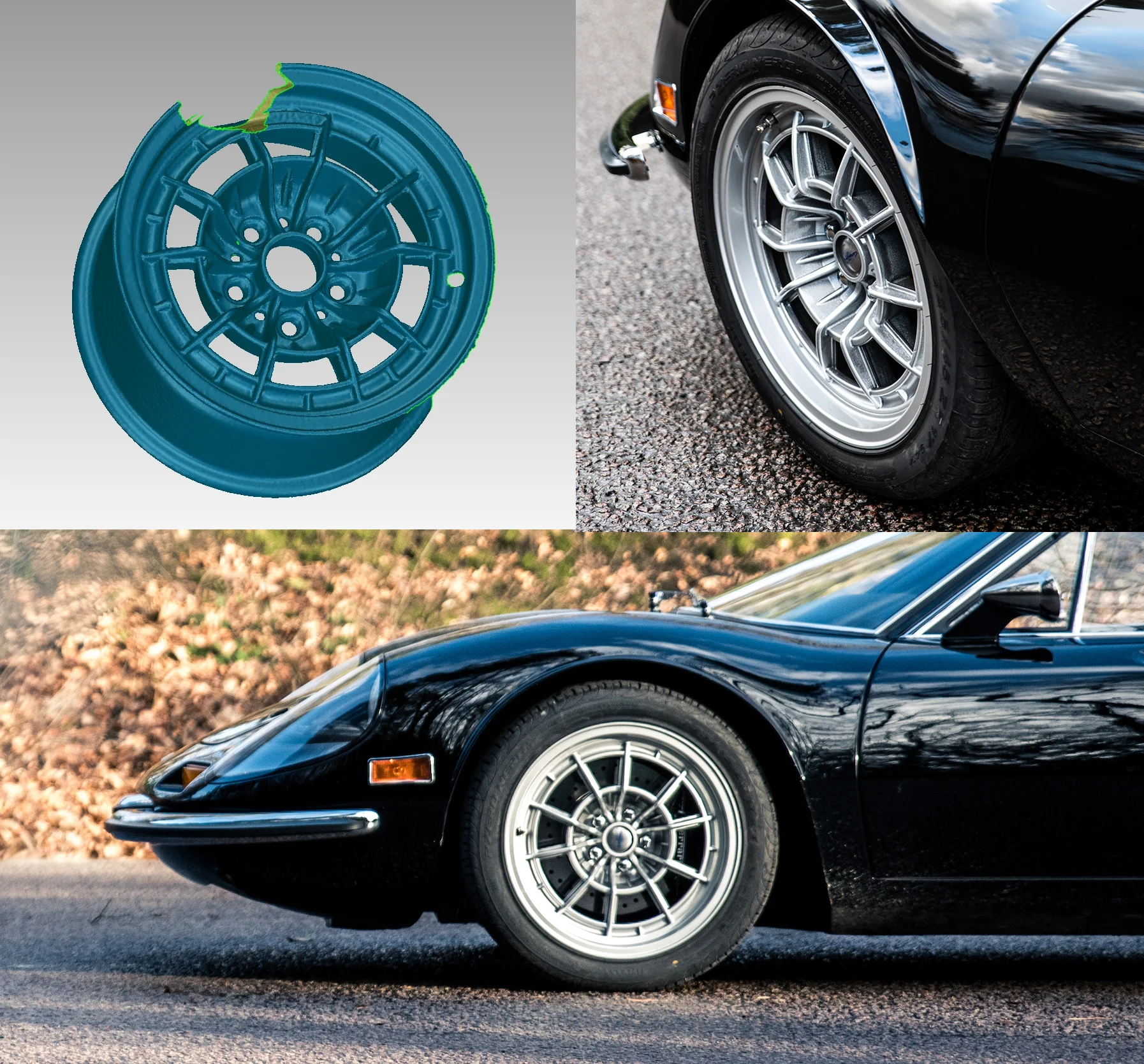 An original 15 inch Dino 246 GTS Campagnolo wheel is scanned by computer and then re-sized to 17 inches using Cad Cam technology. This digital information is then used to recast the new sized alloy wheel using the traditional manufacturing process . The result is an authentic looking upgraded wheel that has been produced using modern Hi-tech and traditional methods, working together in perfect harmony.