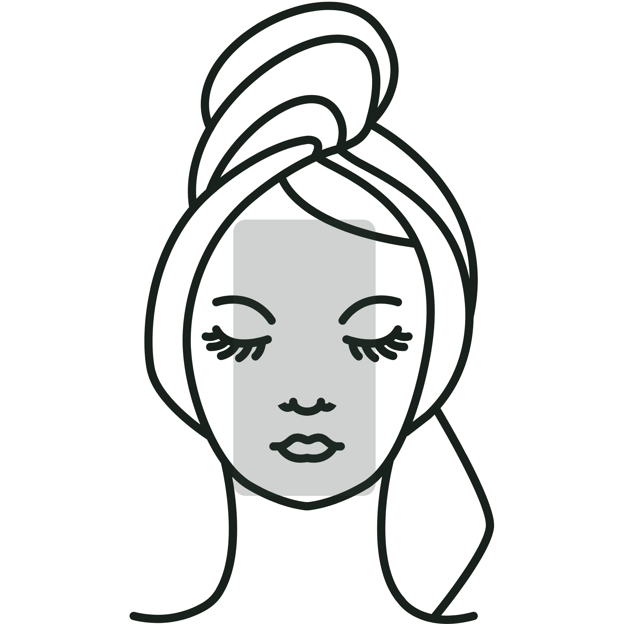 Line drawing of a woman's face with closed eyes, long eyelashes, full lips, and styled hair, on a dark background, indicated oily skin type.