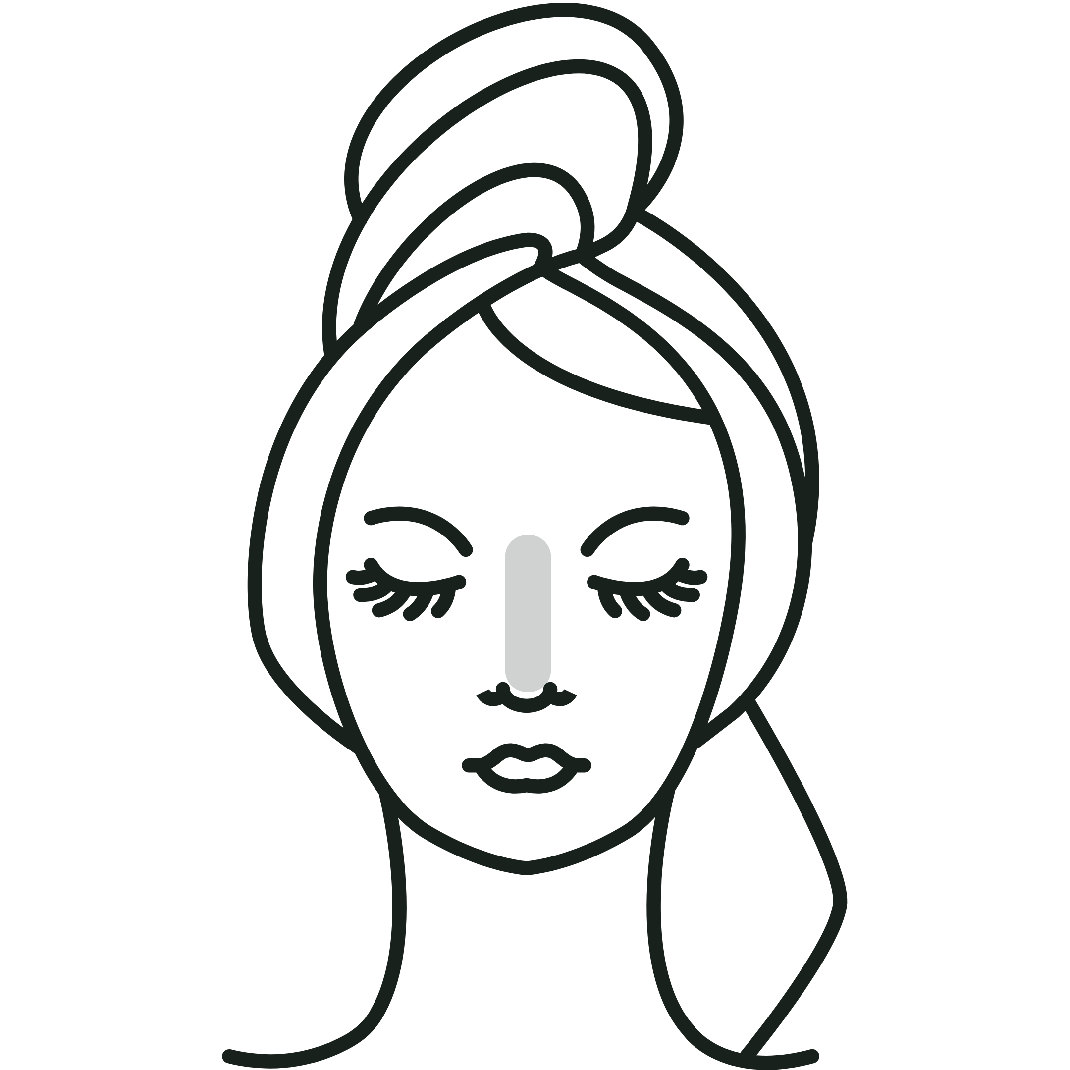 Line drawing of a woman with closed eyes, long eyelashes, a nose, and closed lips, with her hair styled in a large top knot, indicating very dry skin types.