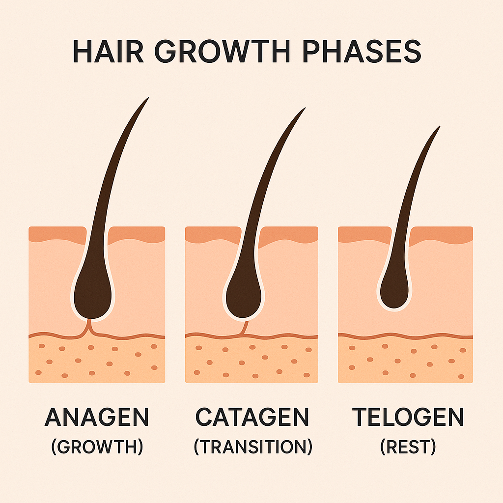 Diagram of the hair growth cycle showing the three phases: anagen (growth), catagen (transition), and telogen (rest), with labeled hair follicles in each stage – ideal for eyebrow regrowth education and skincare websites.