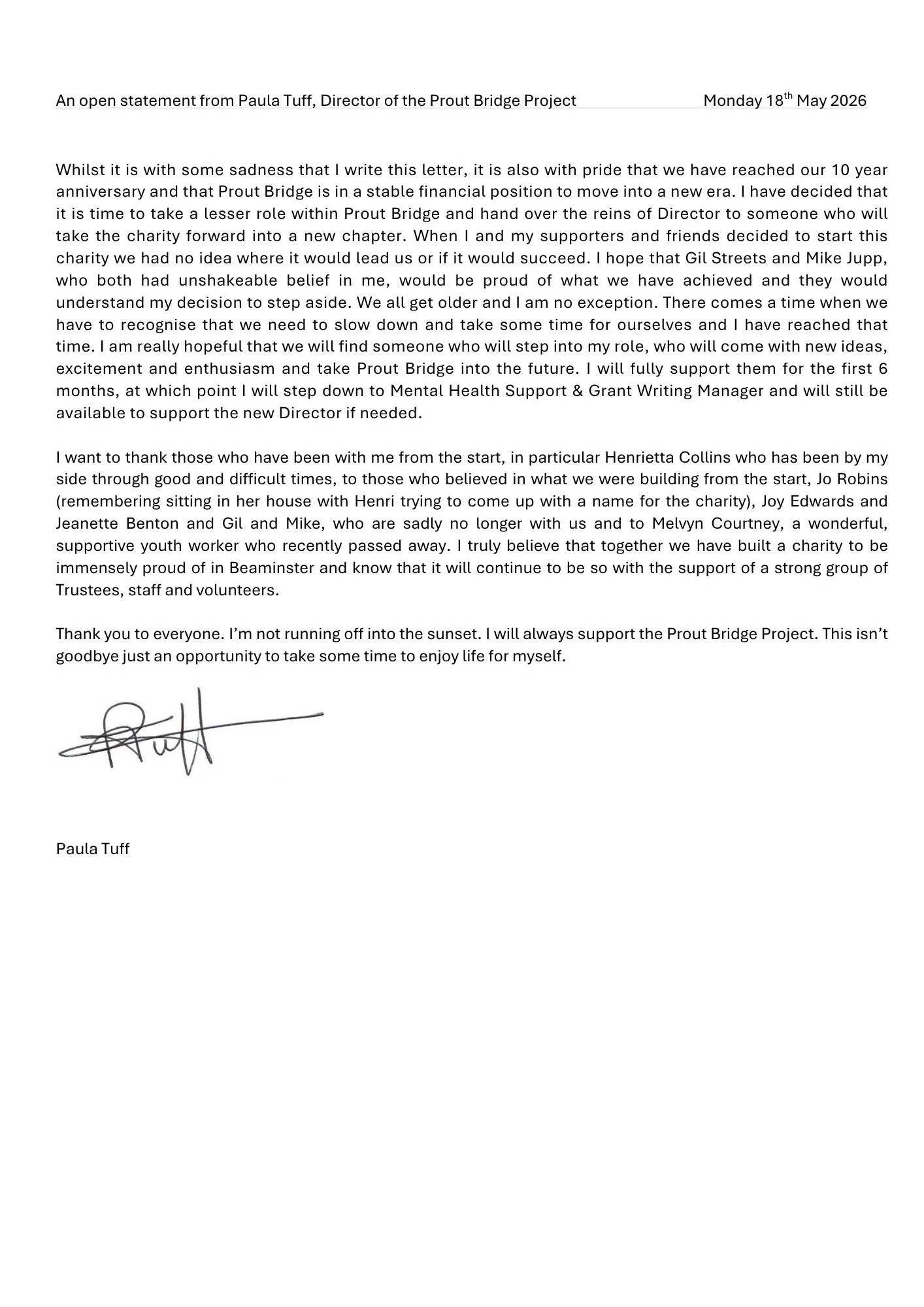 Statement from Paula Tuff