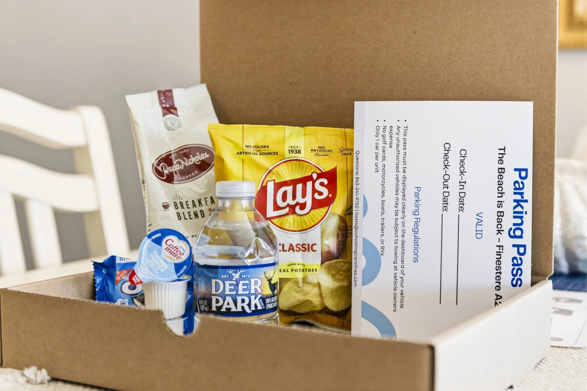 Every stay begins with a thoughtful welcome basket stocked with complimentary snacks, coffee, bottled water, and essentials to help guests settle in and start relaxing the moment they arrive.