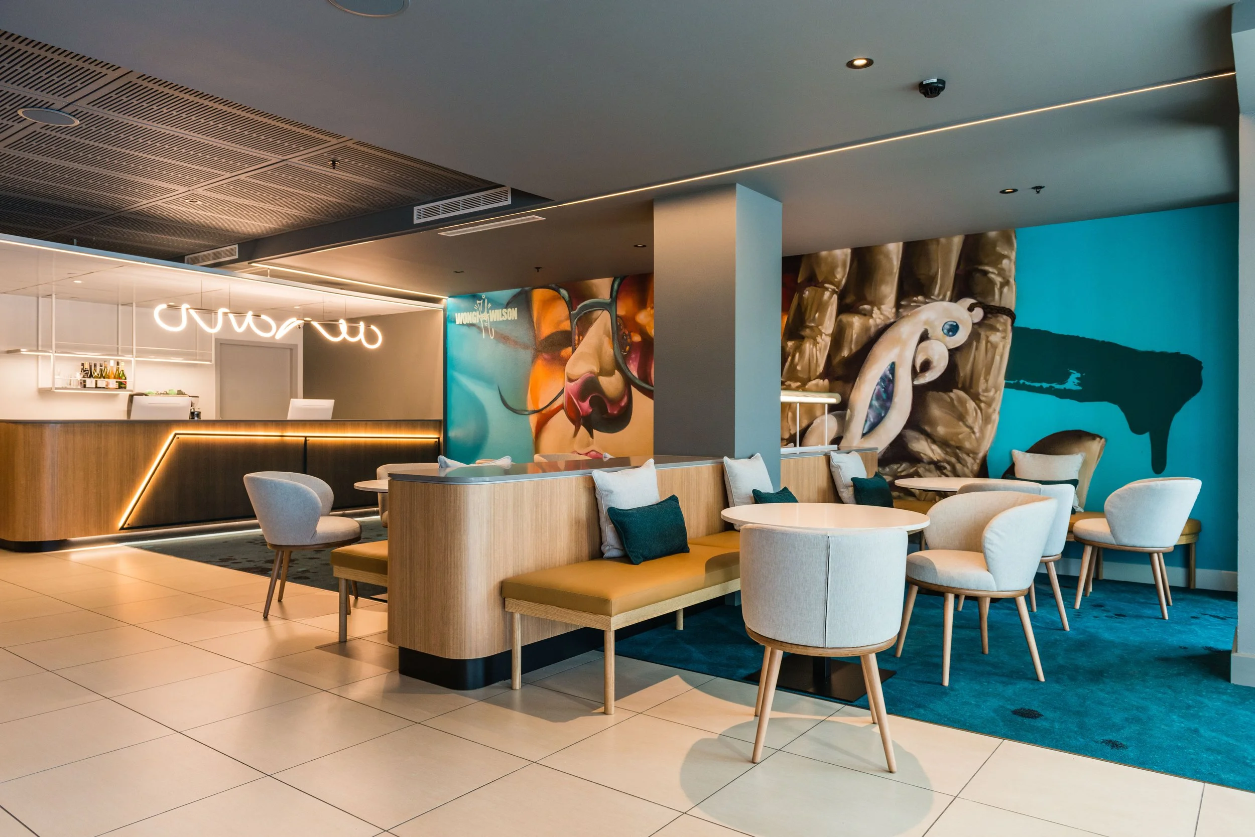   Ibis Christchurch  - This renovation has brought a new bold vibrancy to the public spaces. Curated murals crafted by local artists balanced with static architectural elements explore the harmony of the Christchurch city scapes post earthquake. Cele