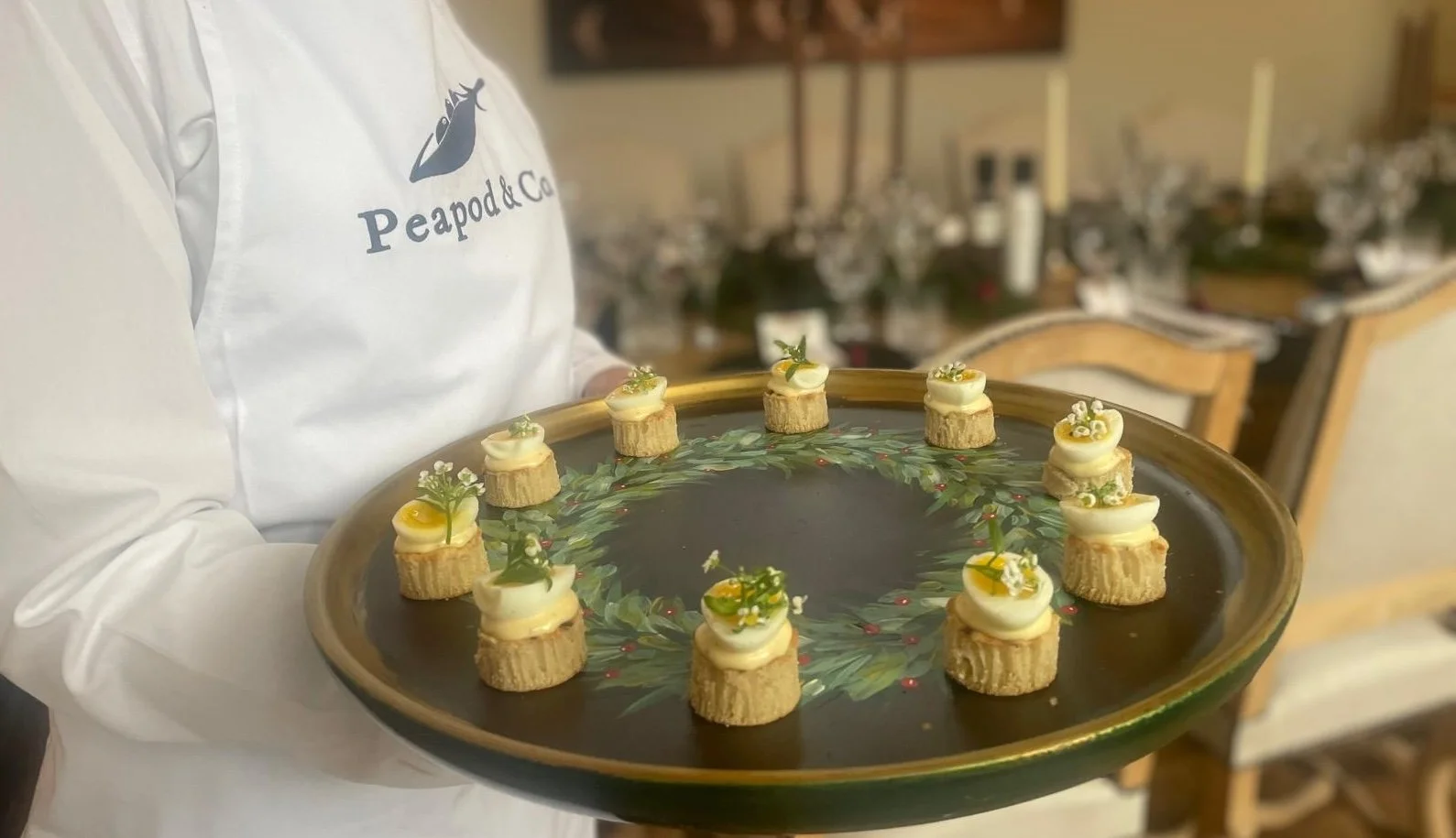 Christmas Canapés on Green and Gold Festive Wreath Tray