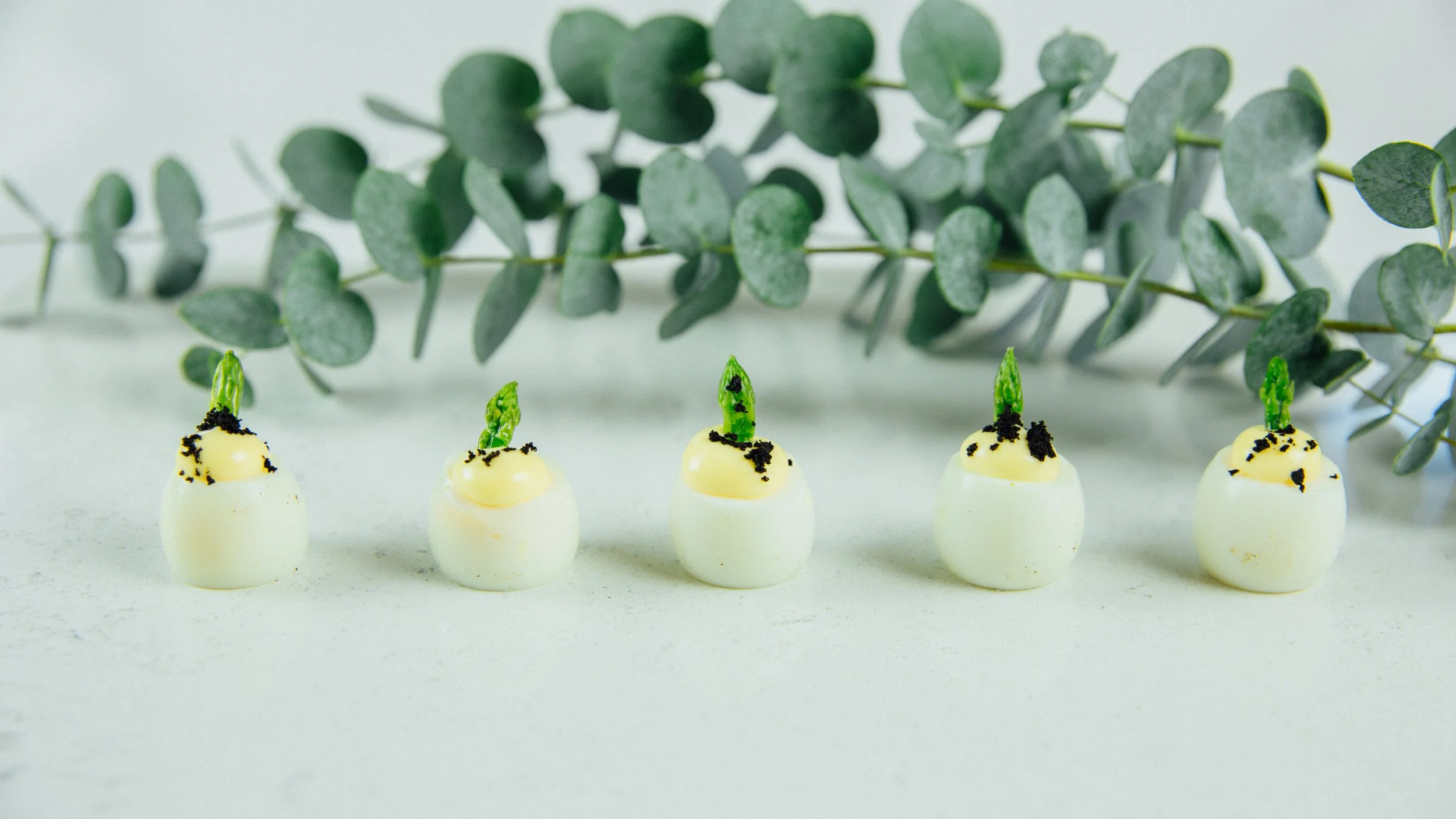 Quails's egg canapés lined up