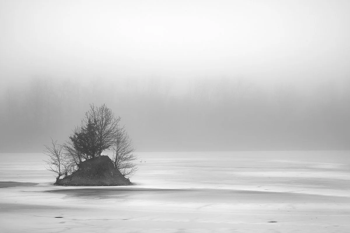 Frozen Darby Bend Lake, Dense Fog, Prairie Oaks Metro Park, Ohio