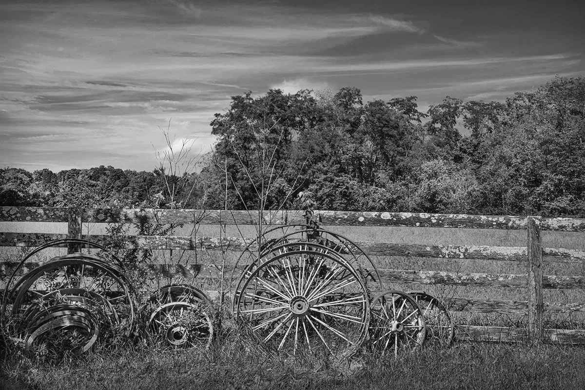 Steel Wheels, Fence, Pasture, Slate Run Living Historical Farm, Ohio
