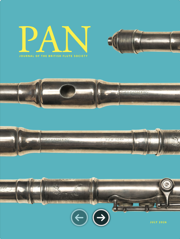 Pan journal July 2026 cover - cross-sections of a 19th-century Badger flute against a teal background