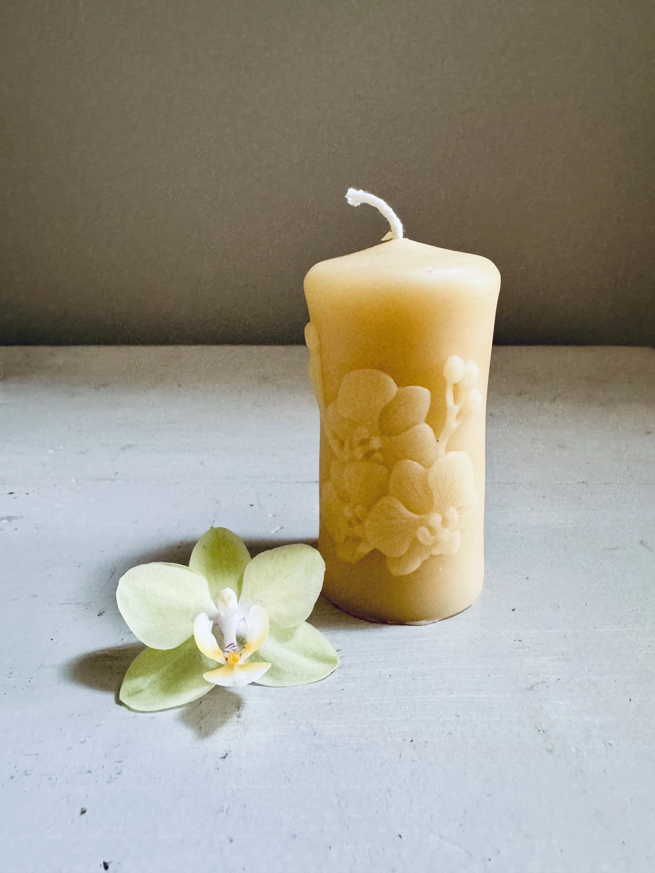 Petite Beeswax Orchid Pillar Candle, $12