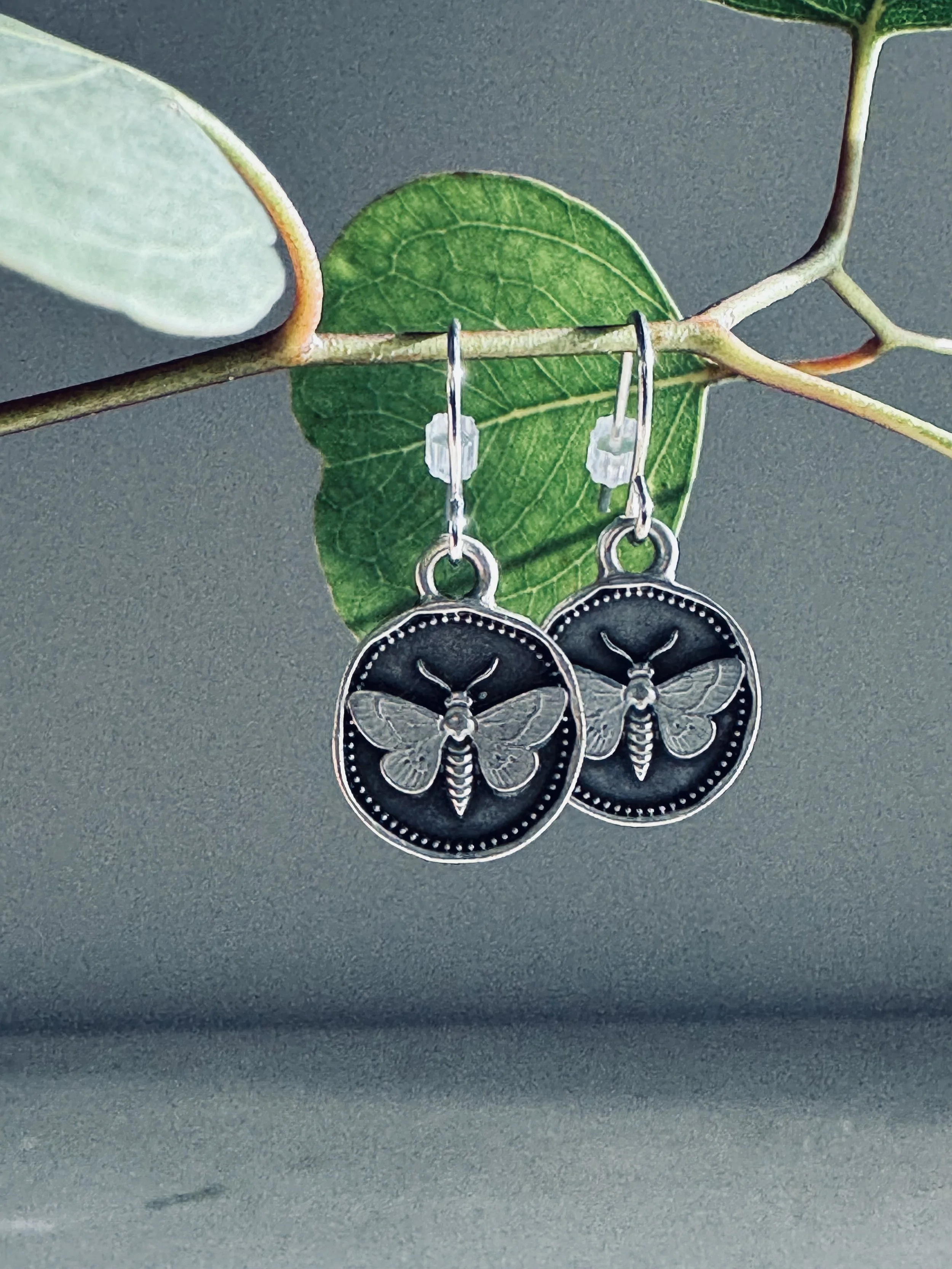 Sawdust Siren Antiqued Silver Moth Earrings