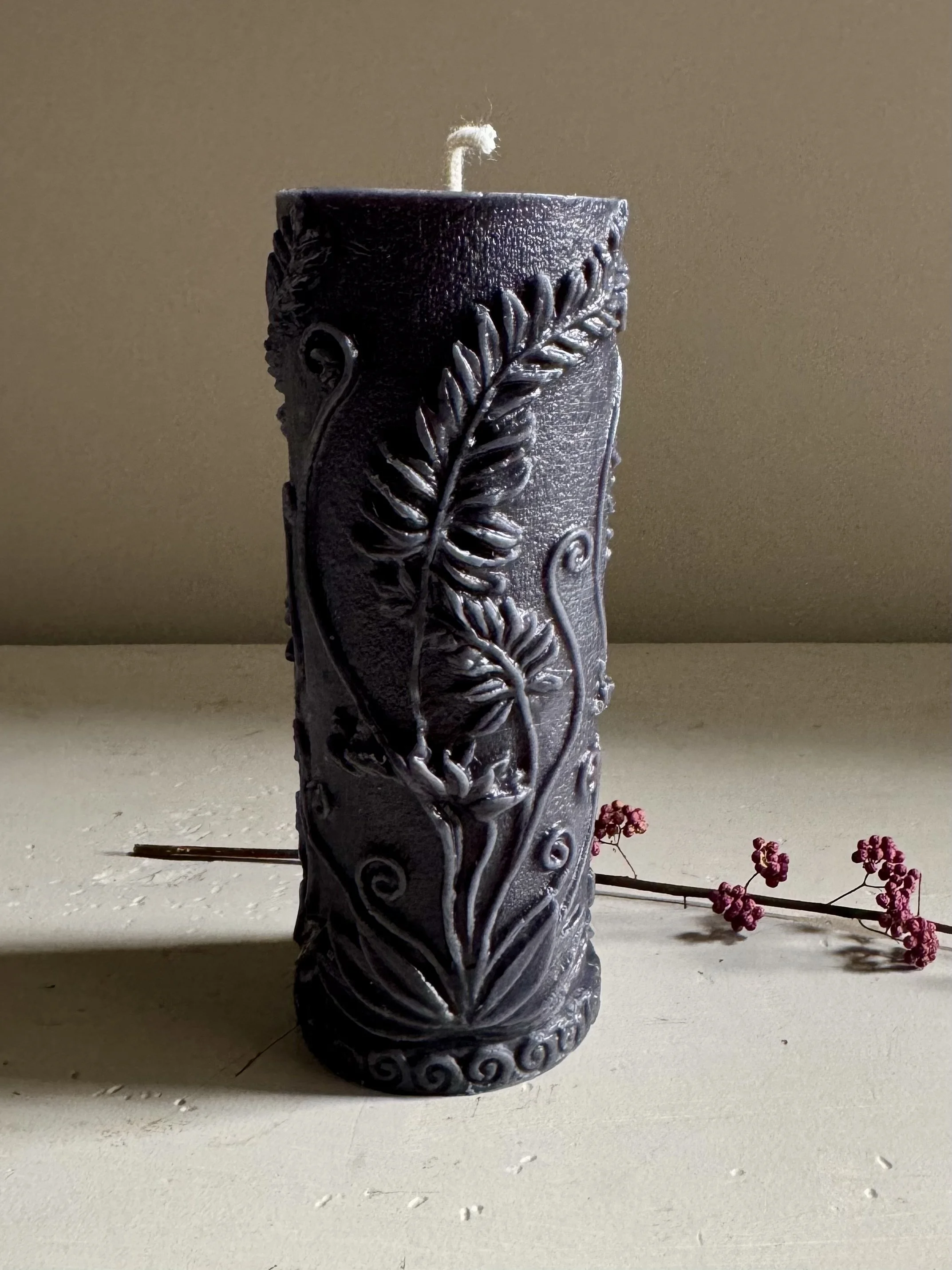 Black Beeswax Fern Pillar, $34