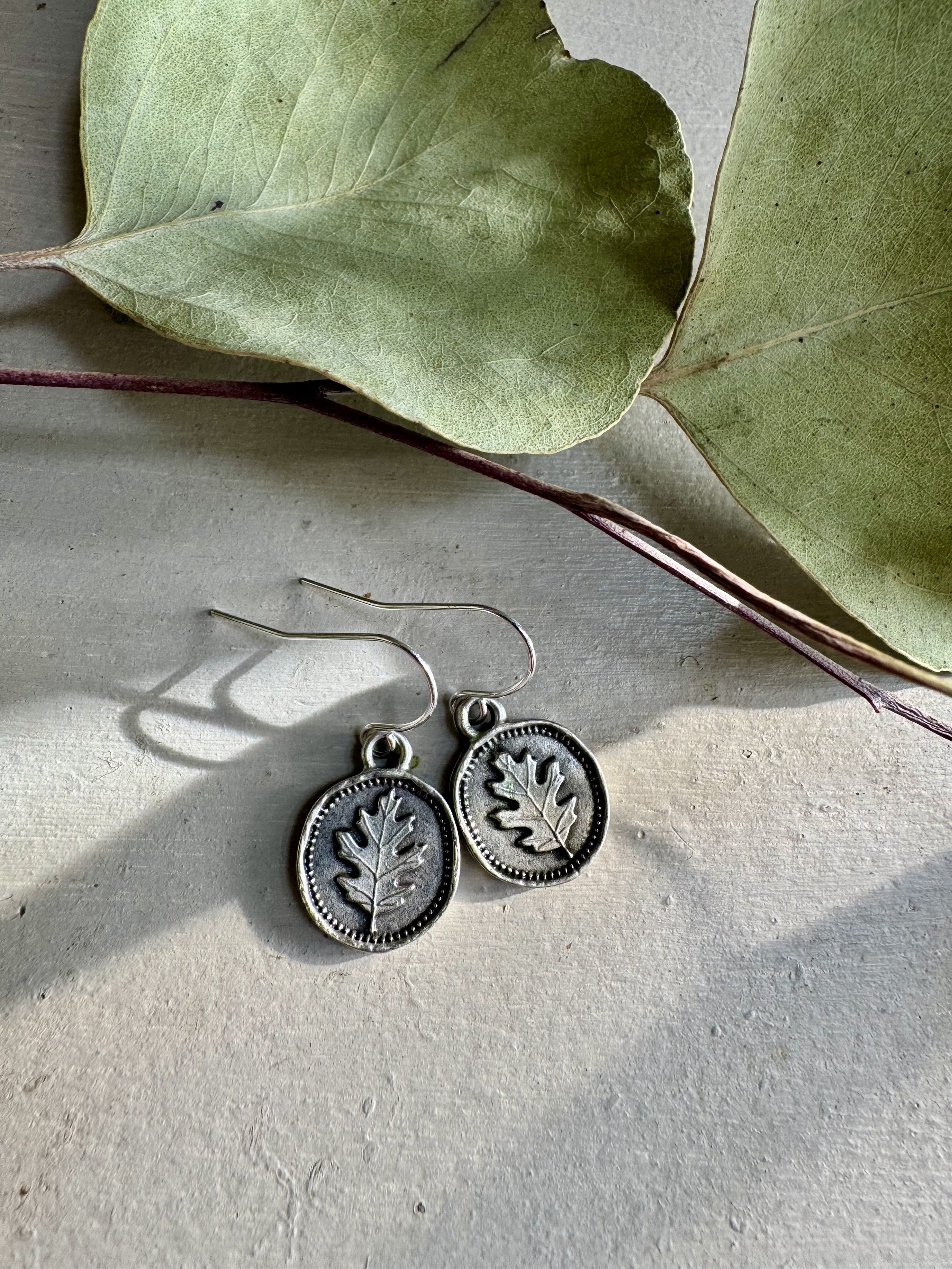 Antiqued Silver Oak Leaf Earrings by Sawdust Siren