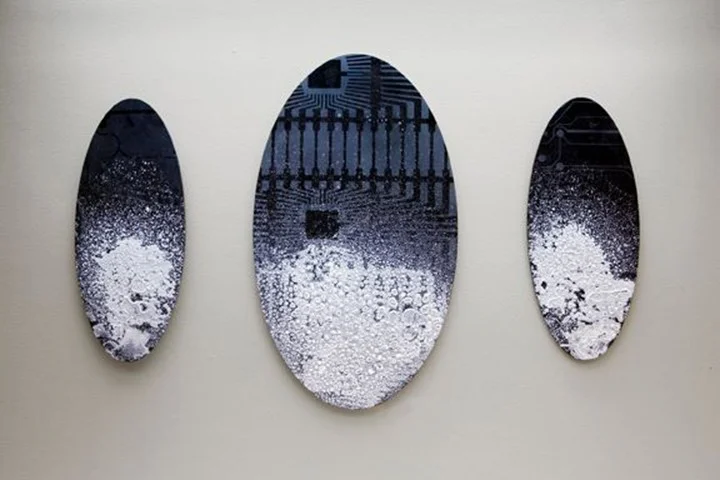 April Kawaoka and Christine Nguyen Micro Macro, 17” x 7”, 23 1/2” x 13 1/2”, 17” x 7”, acrylic, nickel (2012)