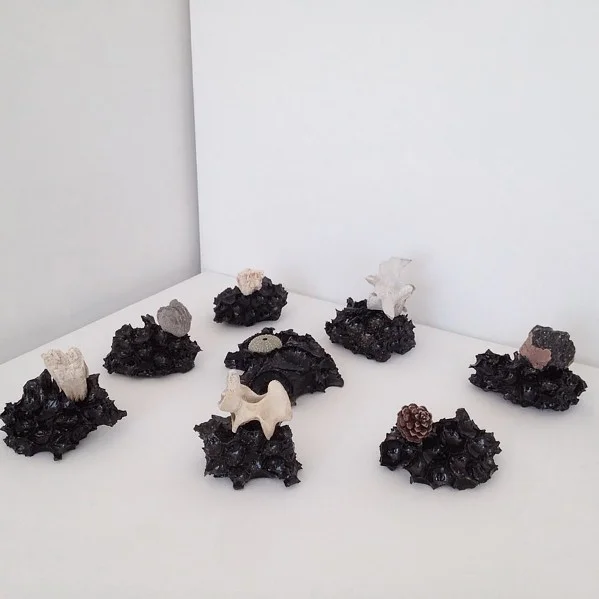 Meteorites and Earth , dimensions variable,unique ceramic pieces with artist’s collection from nature (2016) (Deer tooth, sea urchins, pinecone, obsidian, animal bones, coral, clam fossil)