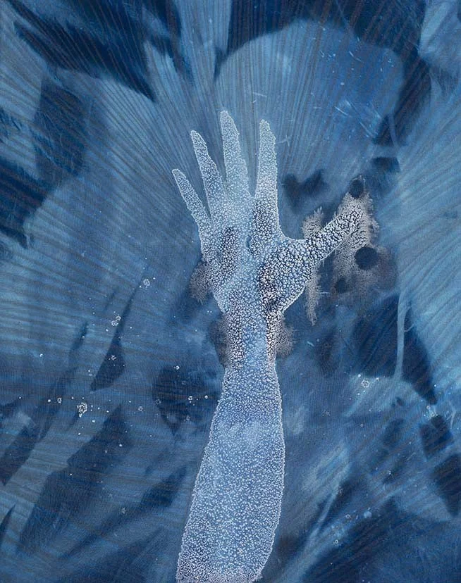 Made of Stars , 20” x 16”, graphite, salt crystals, and cyanotype on stretched muslin (2015)