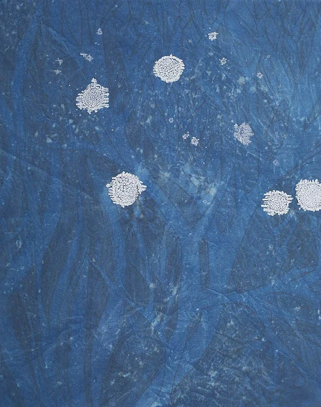 Moons are Born , 20” x 16”, graphite, salt crystals, and cyanotype on stretched muslin (2016)