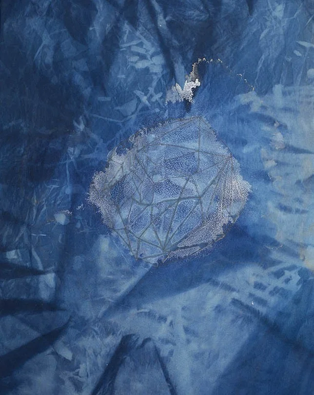 Orb , 20” x 16”, graphite, salt crystals, and cyanotype on stretched muslin (2015)