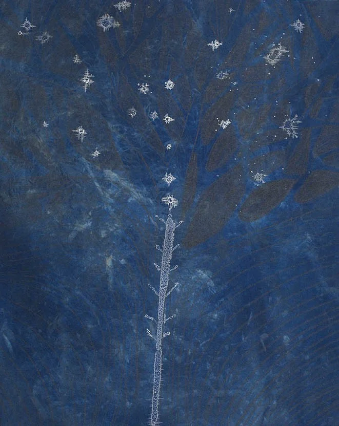 Tree of Life , 20” x 16”, graphite, salt crystals, and cyanotype on stretched muslin (2015)