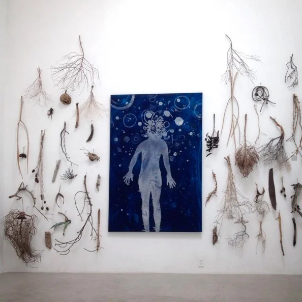 The Cosmic Long Return , 80” x 54” x 1.5”, graphite, salt crystals and cyanotype on stretched muslin (2016) (Vegetation collection from California with fishing net twine)