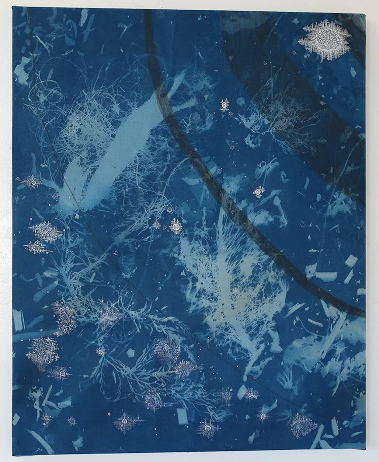Orbits , 20”x16”, graphite, salt crystals, cyanotype on stretch muslin (2015)