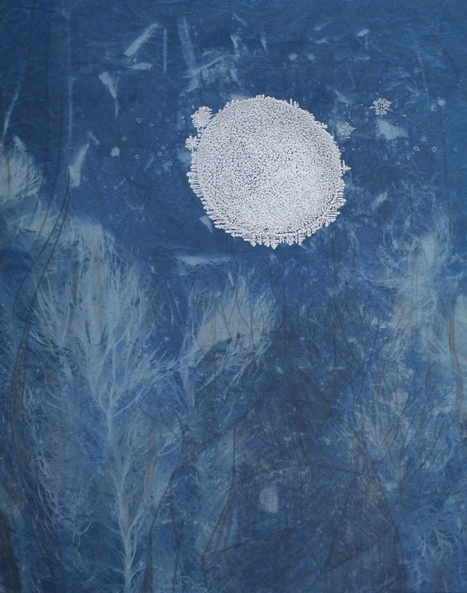 Celestial Salty Moon , 20”x16”, graphite, salt crystals, cyanotype on stretch muslin (2015)
