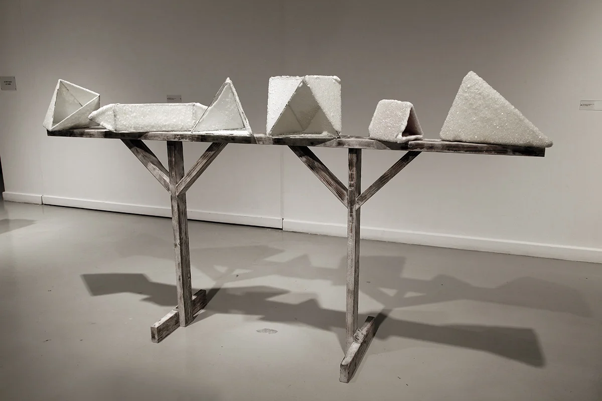 Crystallines , dimensions variable, borax crystals, copper foil, solder, on salted wood (2010)