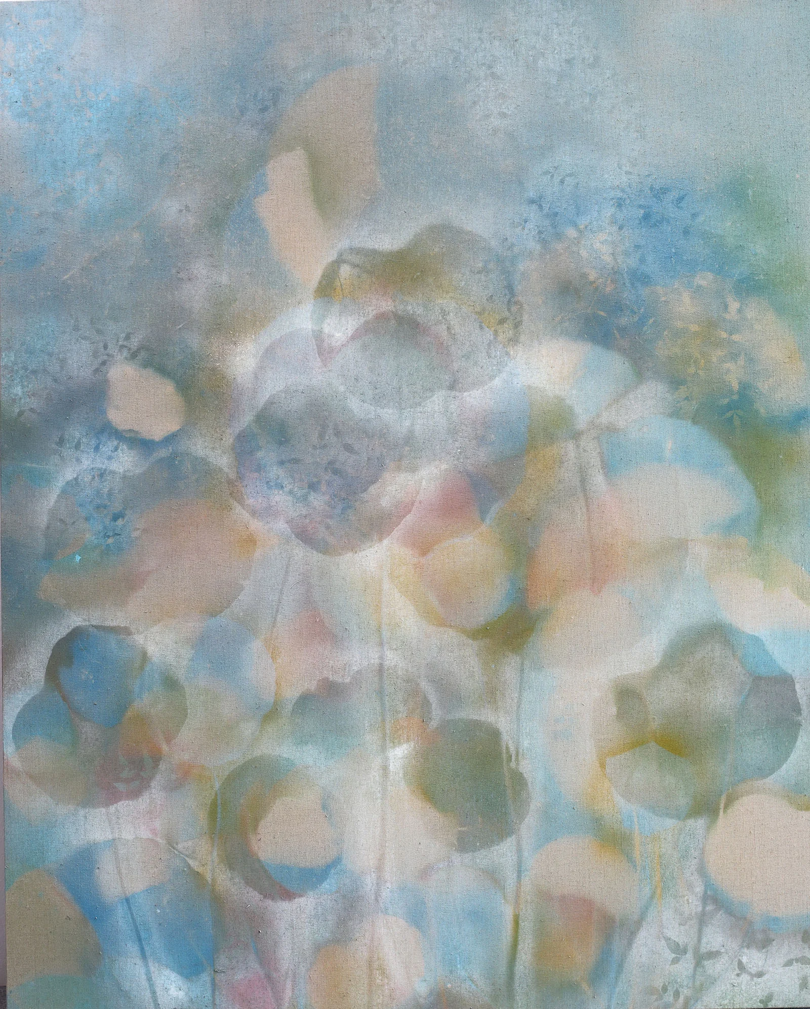 Cosmic Meditations II , 54" x 51", spray paint on canvas from lotus leaves in Gyeonju, Korea (2018)