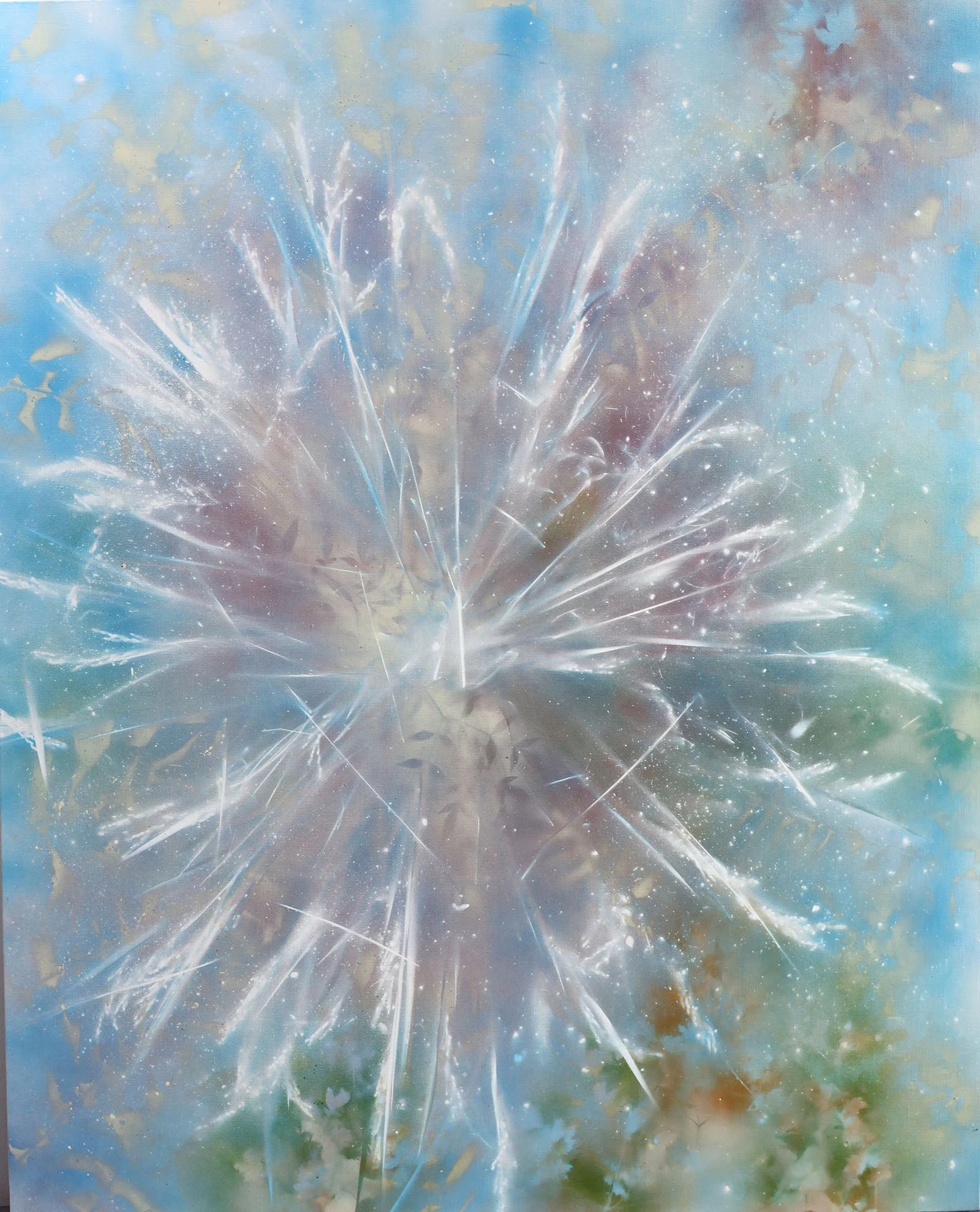 Pulsating Stars II , 54" x 51", spray paint on canvas from lotus leaves in Gyeonju, Korea (2018)