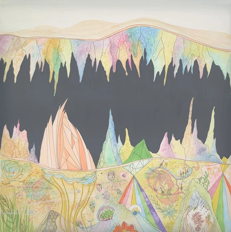 Prisms of Light, 40x40",acrylic inks, vinyl paint, watercolors, pencil, markers, color pencils, salt, on mylar (2015)