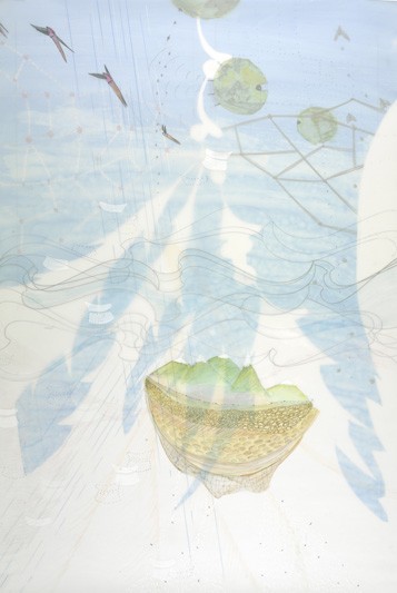 Going to Find the Edge of the Ocean Without Feathers , 36” x 24”, media on layered mylar (2004)