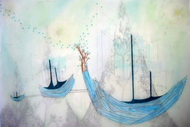 Flying Boats , 11” x 14”, media on layered mylar and paper (2005)