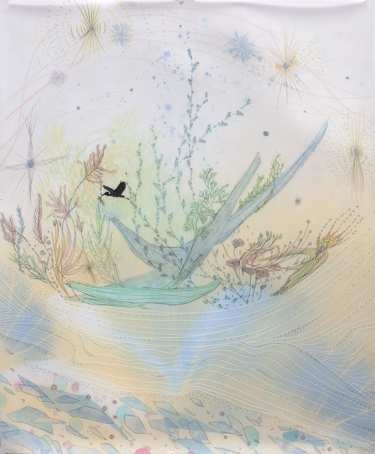 Heron , 24” x 20”, mixed media on Mylar (2019)