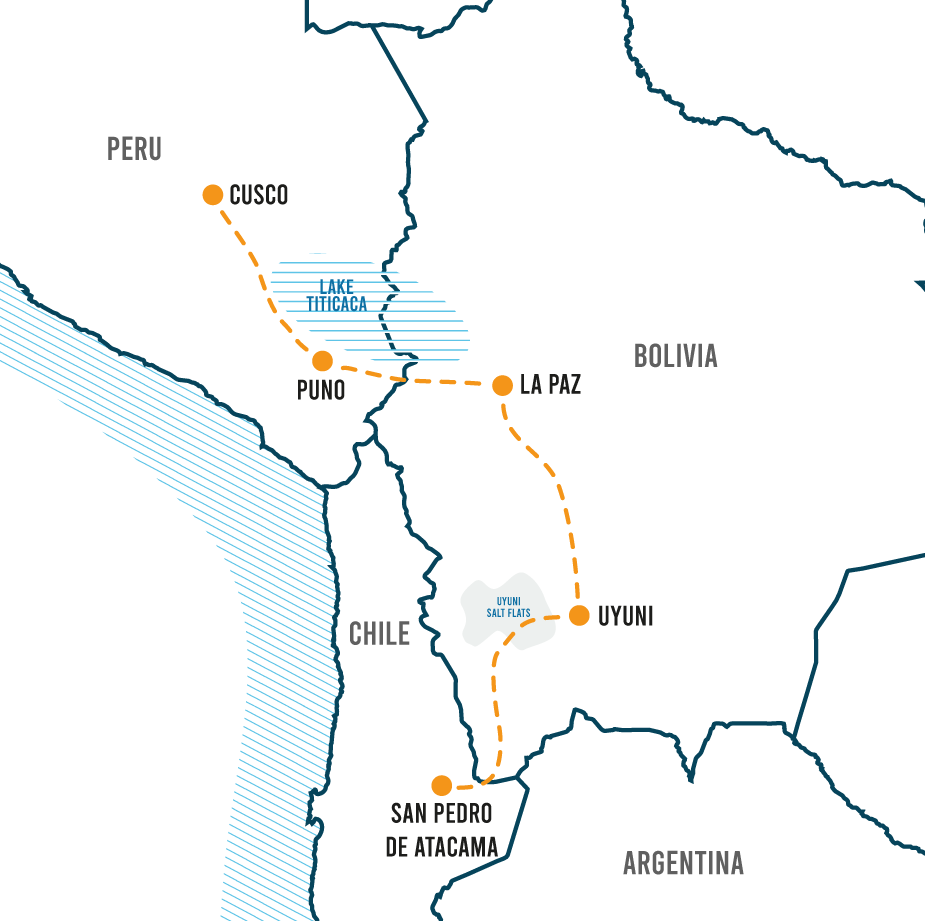 Map showing the route through Peru, Bolivia and Chile, passing through Cusco, Puno, La Paz, Uyuni, and San Pedro de Atacama, with notable landmarks such as Lake Titicaca and the Uyuni Salt Flats