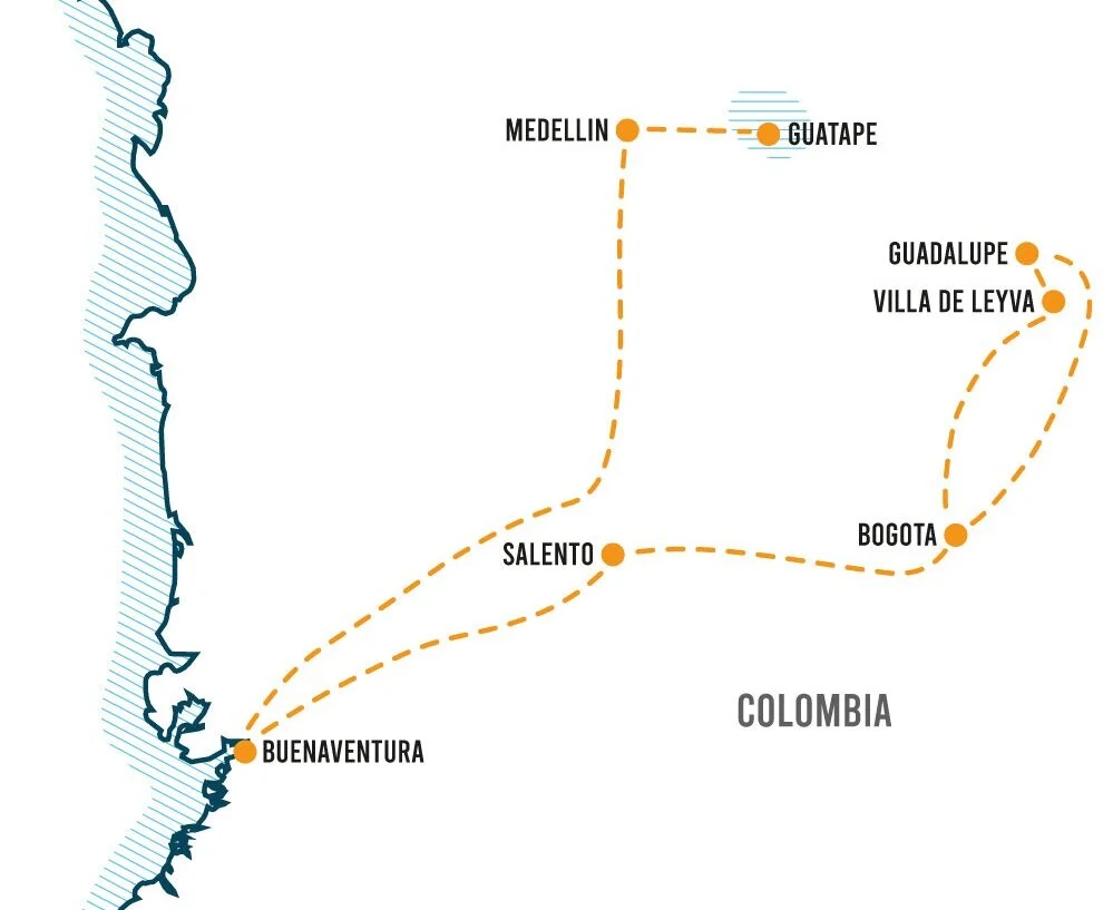 Map of Colombia showing a travel route from Buenaventura through Salento, Medell&iacute;n, Guatap&eacute;, Guadalupe, Villa de Leyva, and Bogot&aacute;